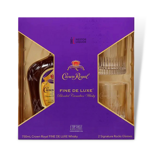 Crown Royal Fine De Luxe 80 Proof Blended Canadian Whisky Bottle with Glasses Gift Set